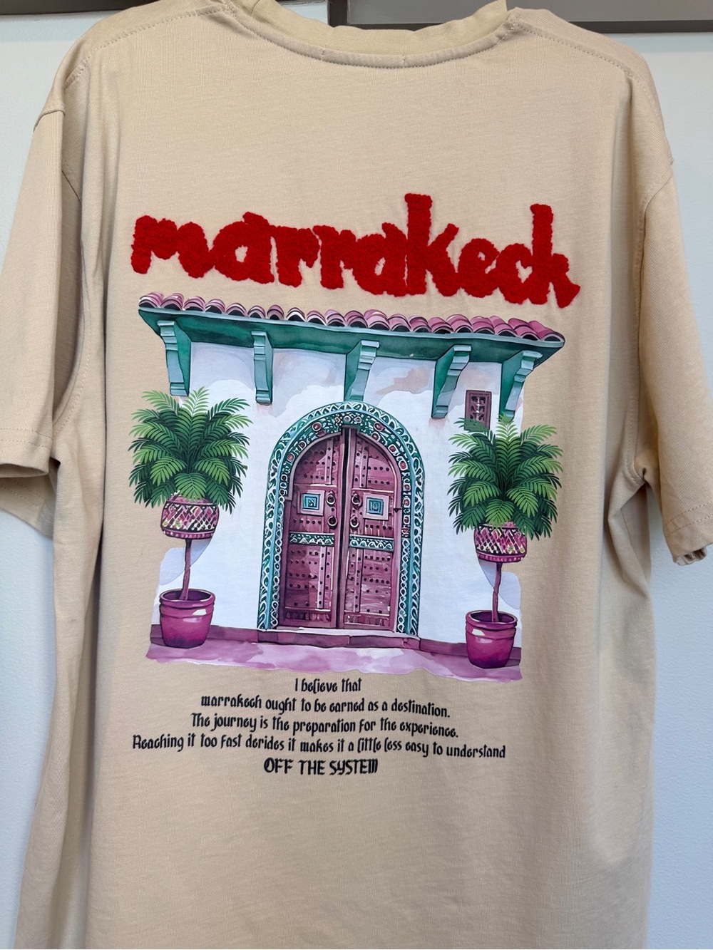 Marrakech Graphic T-Shirt Beige 100% Cotton Embroidered Back Print Size 2XL